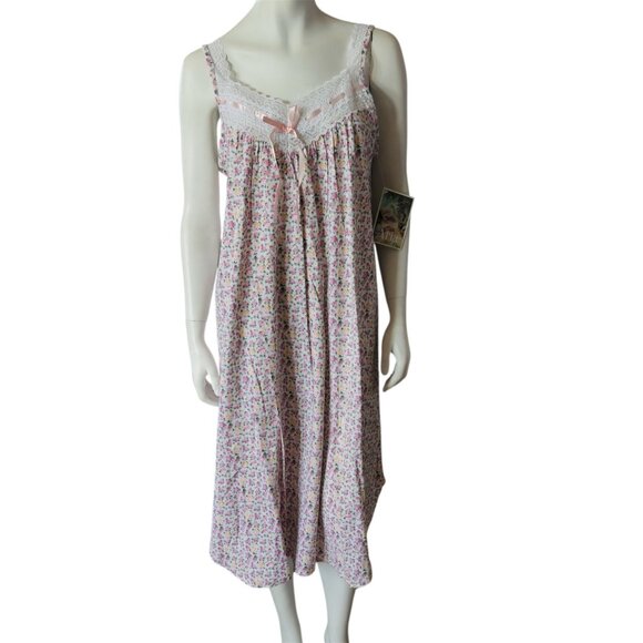 Cottage Core Pink Floral Satin Ribbon Lace Sleeveless Nightgown Aria NWOT - Picture 1 of 5